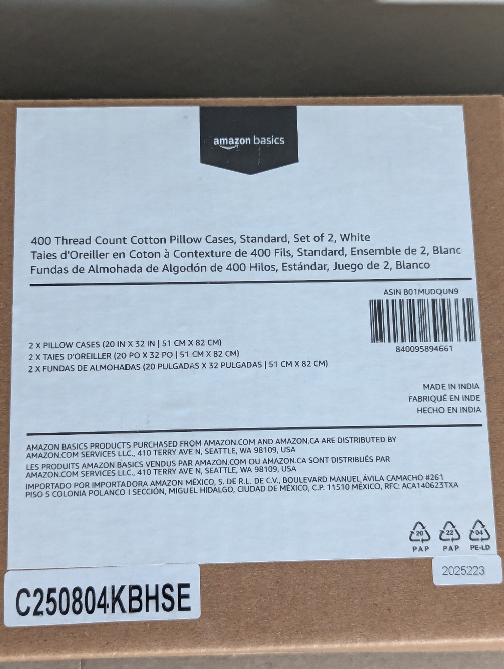 Amazon Basics White 400 Thread Count Cotton Pillow Cases - Set of 2 (2 Boxes)